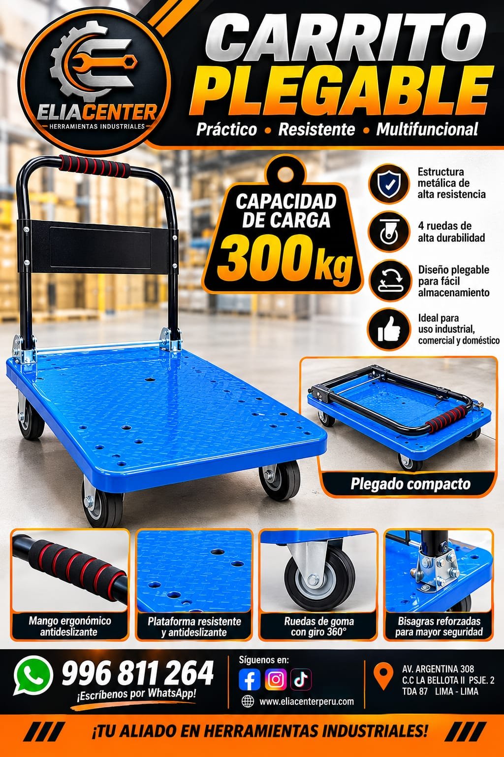 CARRITO PLATAFORMA PLEGABLE – CAPACIDAD DE CARGA DE 300 KG